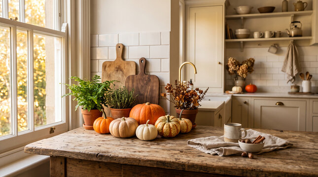 Autumnal still life with pumpkins, herbs, and plants on a wooden table, representing harvest and cozy home atmosphere, ideal for seasonal themes