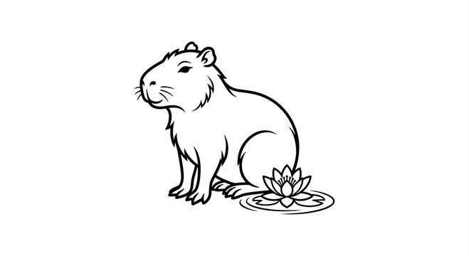 Minimalist capybara illustration featuring clean black lines on a white background showcasing a charming rodent sitting gracefully next to an elegant blooming water lily flower