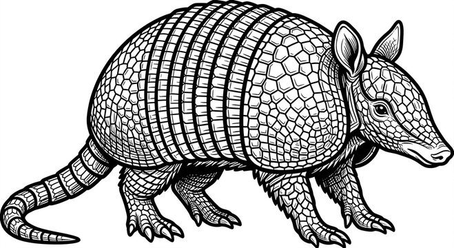 Detailed armadillo illustration featuring intricate black line art style with textured scaly armor plates isolated on white background rendered for creative graphic design projects today