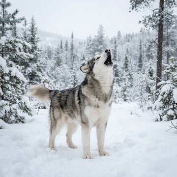 Majestic Alaskan Malamute Howling in Snowy Winter Forest Landscape.