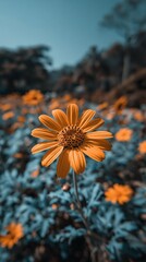 Obraz premium A vibrant orange flower stands in sharp focus against a blurred background of blue foliage and similar blooms.