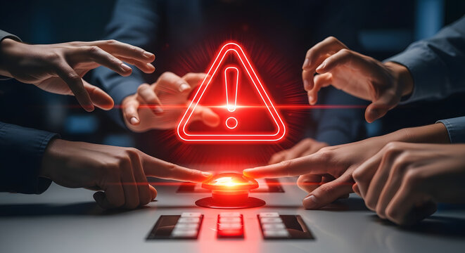Group of People Pressing a Glowing Red Emergency Button with a Warning Symbol Signifying Crisis Management and Cyber Security Alert