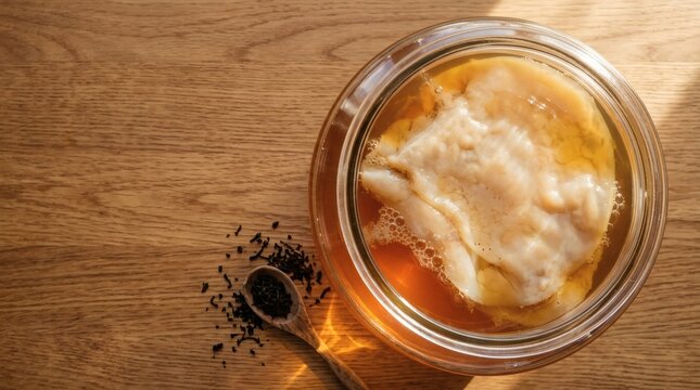 Fresh homemade kombucha scoby fermenting in a glass jar on wood table