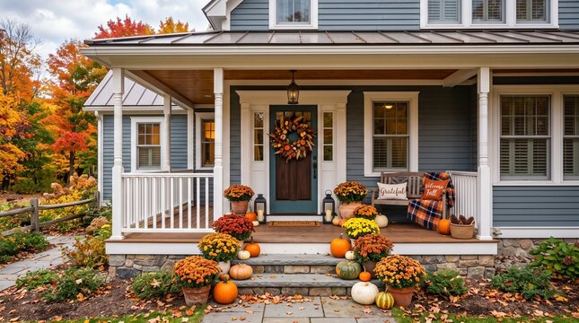 Cozy suburban house front porch decorated with orange pumpkins and colorful autumn flowers for thanksgiving and fall season