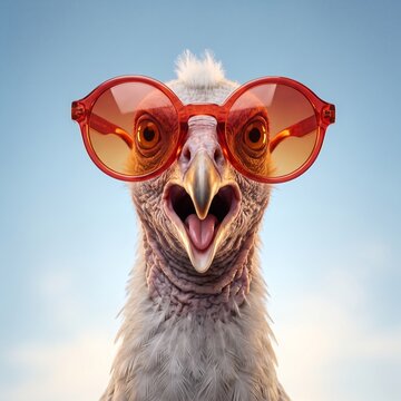 Funny turkey bird wearing red sunglasses looking at camera with open beak