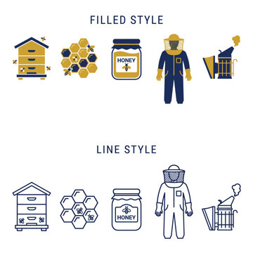 Beekeeping Icon Set Honeycomb Beehive Beekeeper Vector