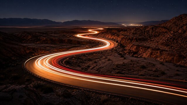Long exposure photograph of car light trails on desert road at night, showcasing dynamic movement.