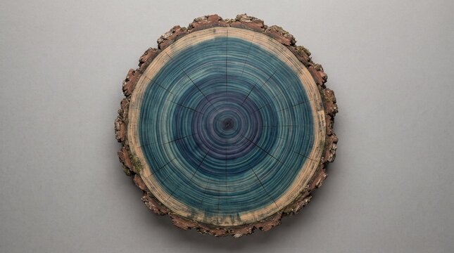 Rustic tree trunk slice with blue concentric rings, natural wood cross section with bark, artistic timber slab on gray background