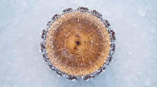 Natural tree stump with growth rings on frozen ice, top view of circular wood log texture, winter forest timber cross section with frost