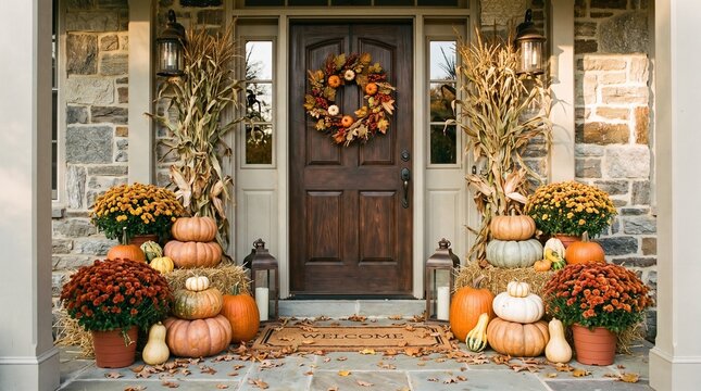Front porch decorated for autumn with pumpkins gourds corn stalks and flowers outside a dark wooden door with a fall wreath