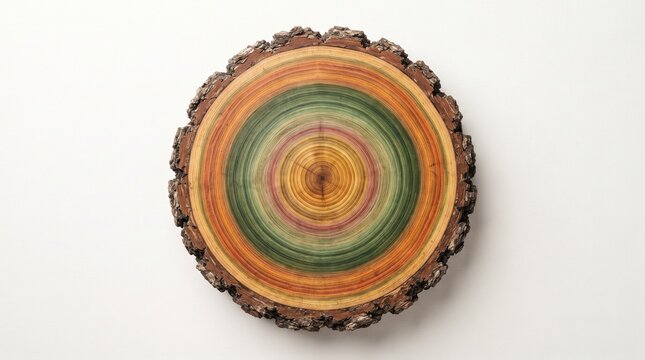 Rainbow tree ring cross section on white background, colorful wooden log slice with bark, artistic timber growth rings for nature design