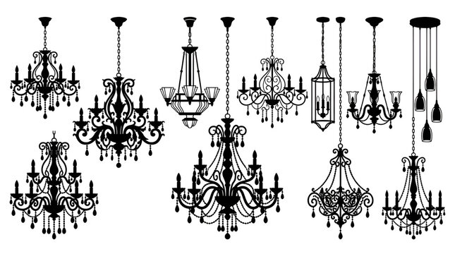 Collection of Elegant Black Chandelier and Pendant Light Silhouettes on White Background