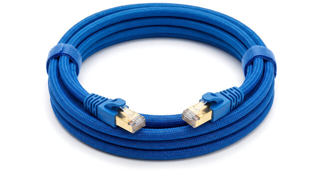Coiled blue braided Ethernet patch cable with gold-plated RJ45 connectors isolated on a white background, representing high-speed wired networking, internet connectivity, computer hardware, and teleco
