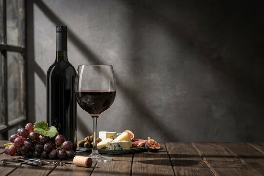 A glass of red wine and a bottle on a rustic wooden table with cheese, grapes, and figs. Perfect for lifestyle and culinary marketing photography.