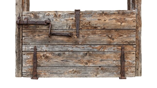 Rustic old wooden door gate with weathered planks, iron hinges, and a vintage latch against a white background.