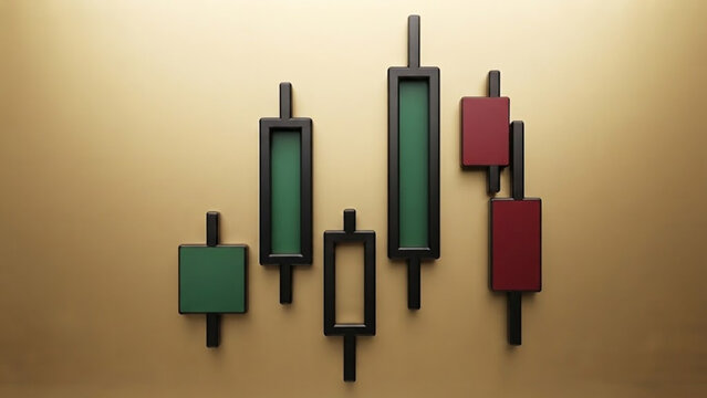 3D Financial Candlestick Chart Pattern on a Brushed Gold Background