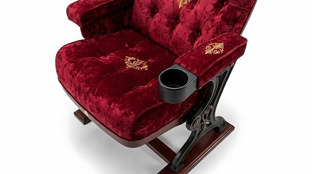 Luxurious velvet cinema seat with ornate gold embroidery, black cup holder, and vintage cast iron support structure, isolated on white background