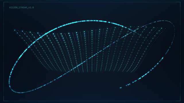 Abstract 3d glowing blue dots forming a circular orbit path around a digital grid, representing technology and data flow
