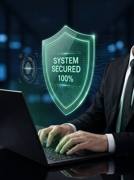 Corporate information security concept featuring protected laptop, holographic encryption shield, and digital access monitoring