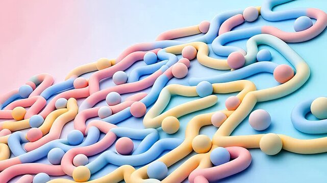Intertwined pastel tube and sphere objects in pink blue and yellow on gradient background