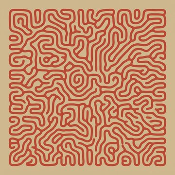 Organic reaction diffusion pattern, abstract turing mechanism texture, red coral labyrinth line art on beige background