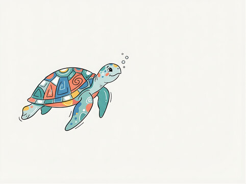 Modern playful doodle of a sea turtle with a patterned shell, black ink outline and teal, blue, coral and yellow flat-color details, turtle positioned left with blank space right.