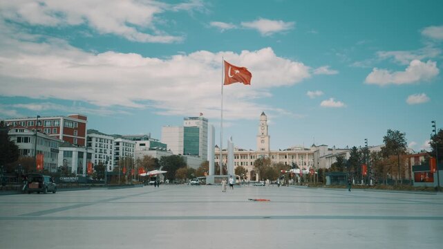 BUYUKCEKMECE, ISTANBUL, TURKEY - SEPTEMBER 17, 2026: B&uuml;y&uuml;k&ccedil;ekmece Kent Meydanı with its clock tower, Turkish flag, and fighter jet monument near the Marmara Sea