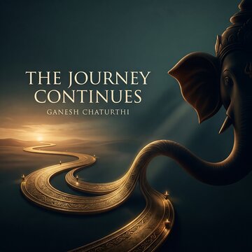 Ganesha statue with a golden path leading to a sunset horizon for Ganesh Chaturthi
