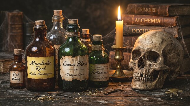 Vintage spooky Halloween potion bottles labeled mandrake root and crows blood on dark wooden table with burning candle human skull and ancient alchemy books background
