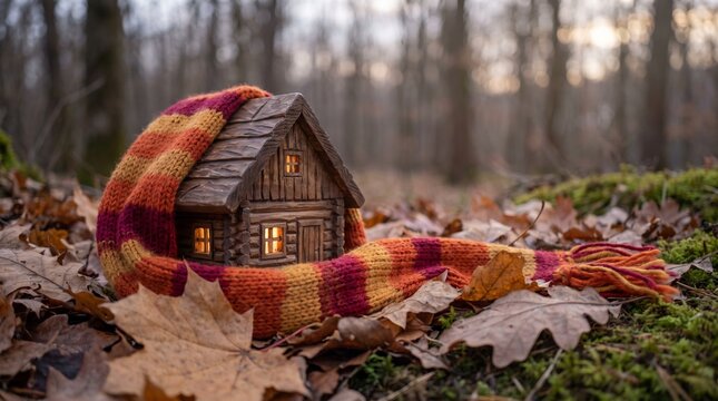 Small wooden toy house wrapped in a warm knitted scarf placed on autumn leaves in a dark misty forest