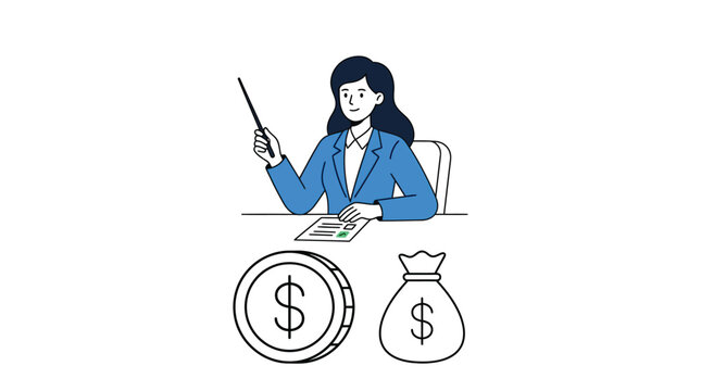 Professional businesswoman presenting financial data in this colorful flat vector illustration with clean simple lines