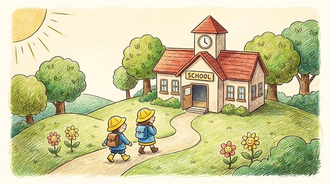 Two happy school children walking on a path to a school building on a sunny day in a green park with trees and flowers