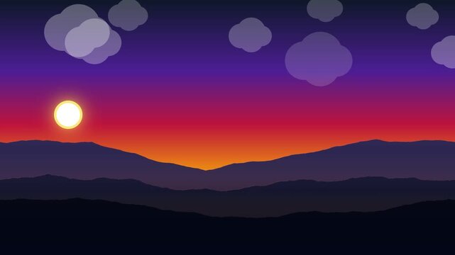 Minimalist Vector Illustration of Sunset Over Mountain Range