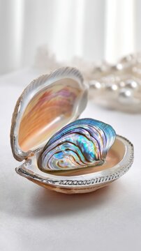 Iridescent abalone shell inside an open clam shell with pearls