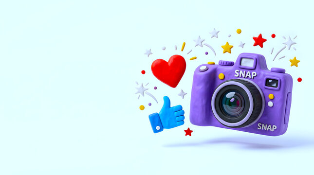 Purple camera clay model with social media like button and heart icon for digital content creation marketing art.