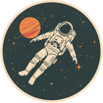 Astronaut floating gracefully through deep space past a glowing ringed planet in this artistic circular vintage style cosmic illustration design