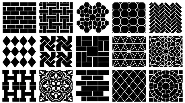 Top View Silhouettes of Geometric Floor Tile Patterns and Pavers on White Background