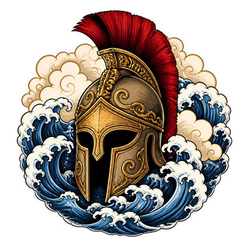 Golden spartan helmet featuring ornate engravings and a vibrant red crest surrounded by powerful crashing ocean waves and stylized clouds