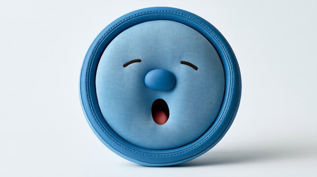 Whimsical car photo: a steering wheel cover with a tiny open mouth, yawning sleepily on a bright white background with abundant room for text.