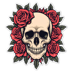 Fototapeta premium Human skull surrounded by vibrant red roses and green leaves in a classic illustrative style suitable for sticker art designs