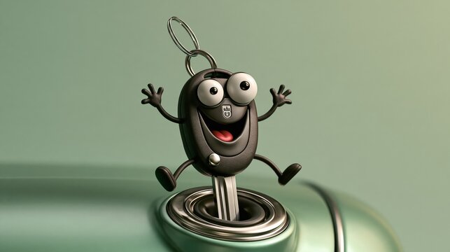 Whimsical car photo: a car key jumping into an ignition, eager for a drive on a soft pastel green background with plenty of copy space.