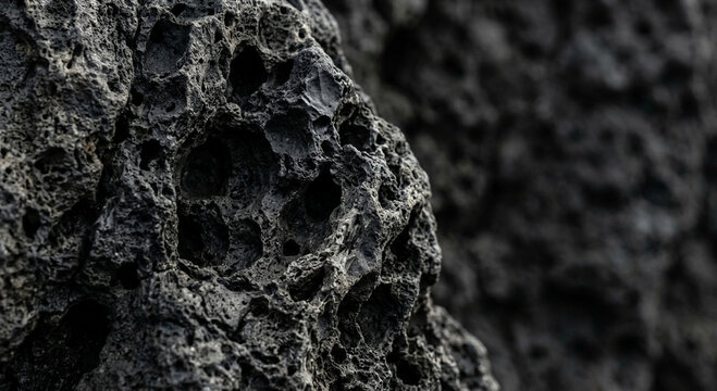 Close up view of a dark porous volcanic rock surface with rough texture and natural geological patterns