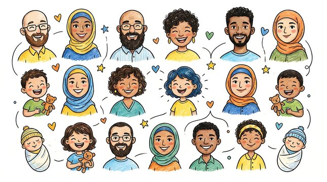 Diverse group of happy people avatars with various ages and cultures in a friendly hand drawn cartoon style illustration