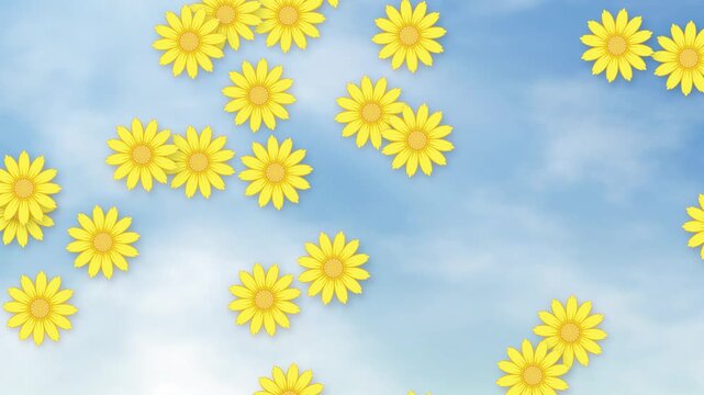 Yellow Daisy Flowers Falling Slowly Against a Bright Cloudy Blue Sky