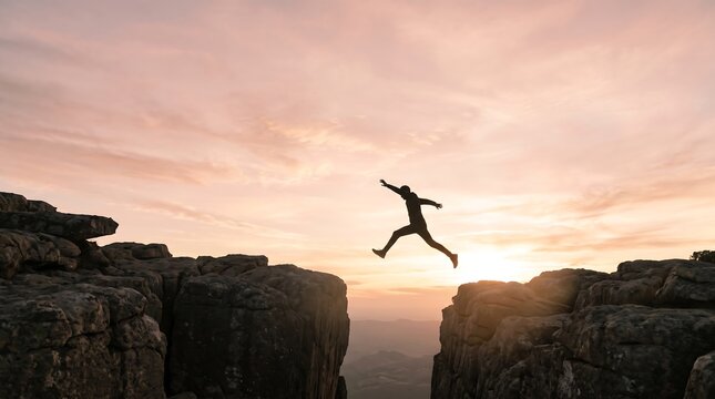 Man jumping across a gap between rocky cliffs at sunset