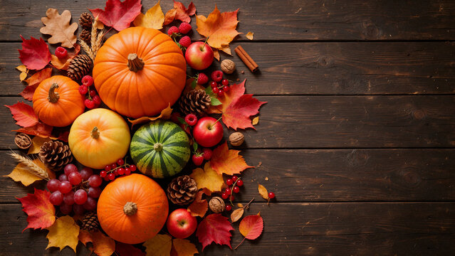 Colorido bodeg&oacute;n de oto&ntilde;o con calabazas, uvas tintas, manzanas y follaje rojizo sobre tabla de madera r&uacute;stica, composici&oacute;n ideal para elementos decorativos de Acci&oacute;n de Gracias y Halloween. Sama&iacute;n
