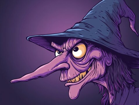 A colorful, comic-style portrait shows the side profile of a mean, purple-skinned witch with a very long nose, wearing a pointy blue hat.
