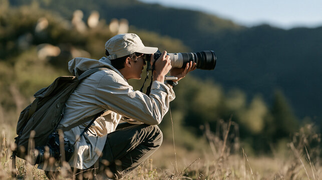 A wildlife photographer crouched in a jungle clearing pointing a zoom lens at a troop of golden snub-nosed monkeys in the treetops on monkey day december 14, wildlife