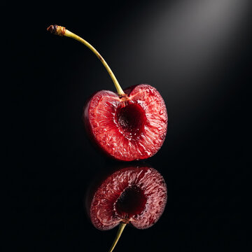 A fresh halved cherry with reflection on black background