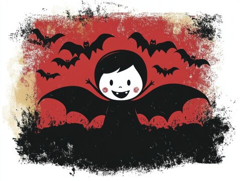 A simple graphic illustration shows the smiling, pale face and black cape silhouette of a happy vampire boy against a textured, grungy red background.
